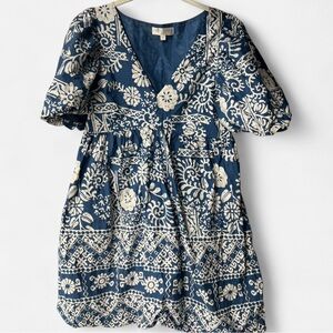 Caroline Constas Blue & White Print Puff Sleeve Cotton Dress Size M Coastal